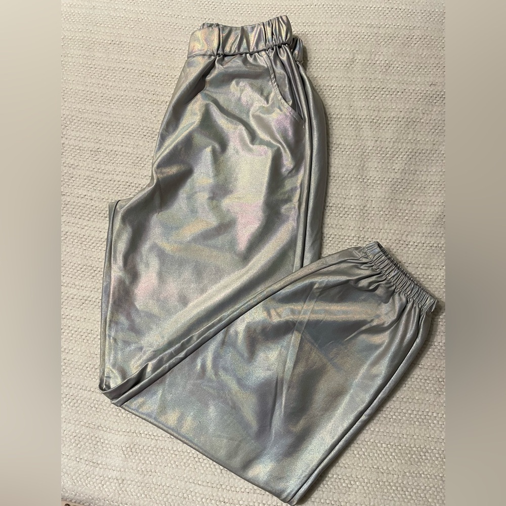 Silver Metallic Joggers with Elastic Waistband
